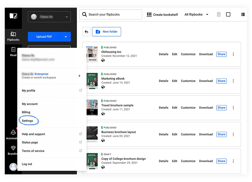 Sharing flipbooks with account readers